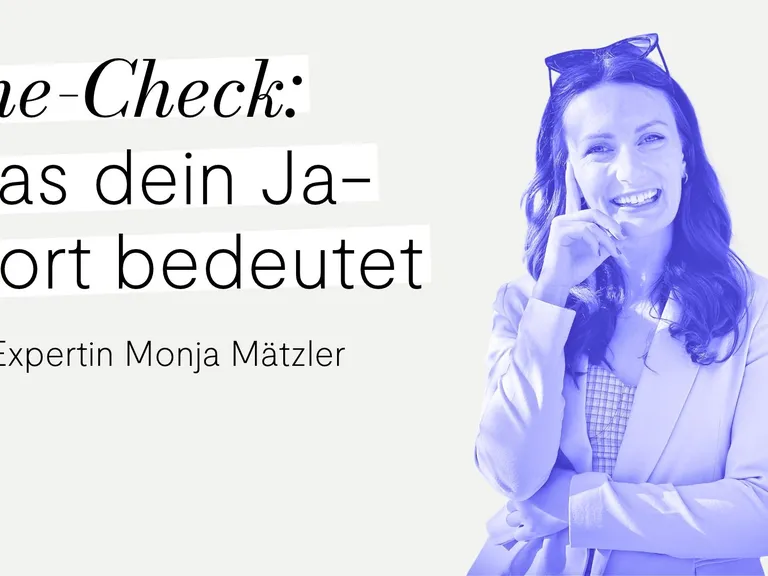 Frau mit Sonnenbrille auf dem Kopf, daneben Text: "Ehe-Check: Was dein Ja-Wort bedeutet".